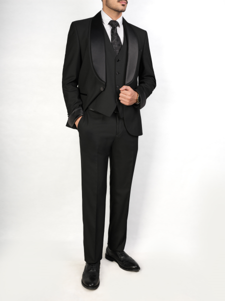 کت شلوار دامادی یقه آرشال ساتن بولارسن مشکی سایز 46 D