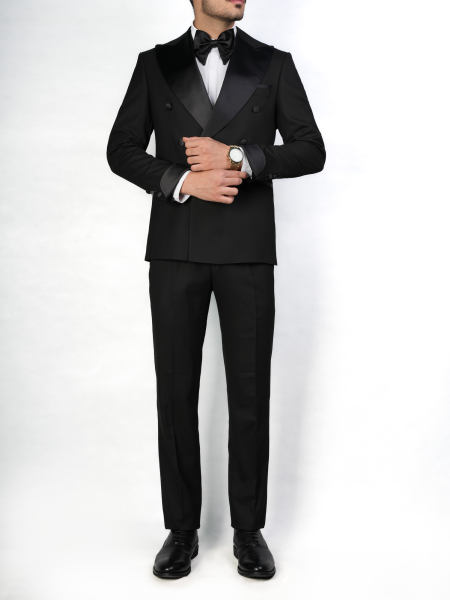 کت شلوار دبل برست یقه بلیزر ساتن مشکی سایز 46 D